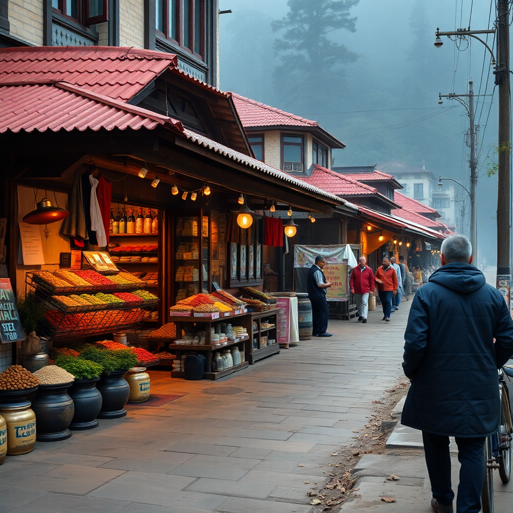 a man walking down a sidewalk with a store in front of other buildings